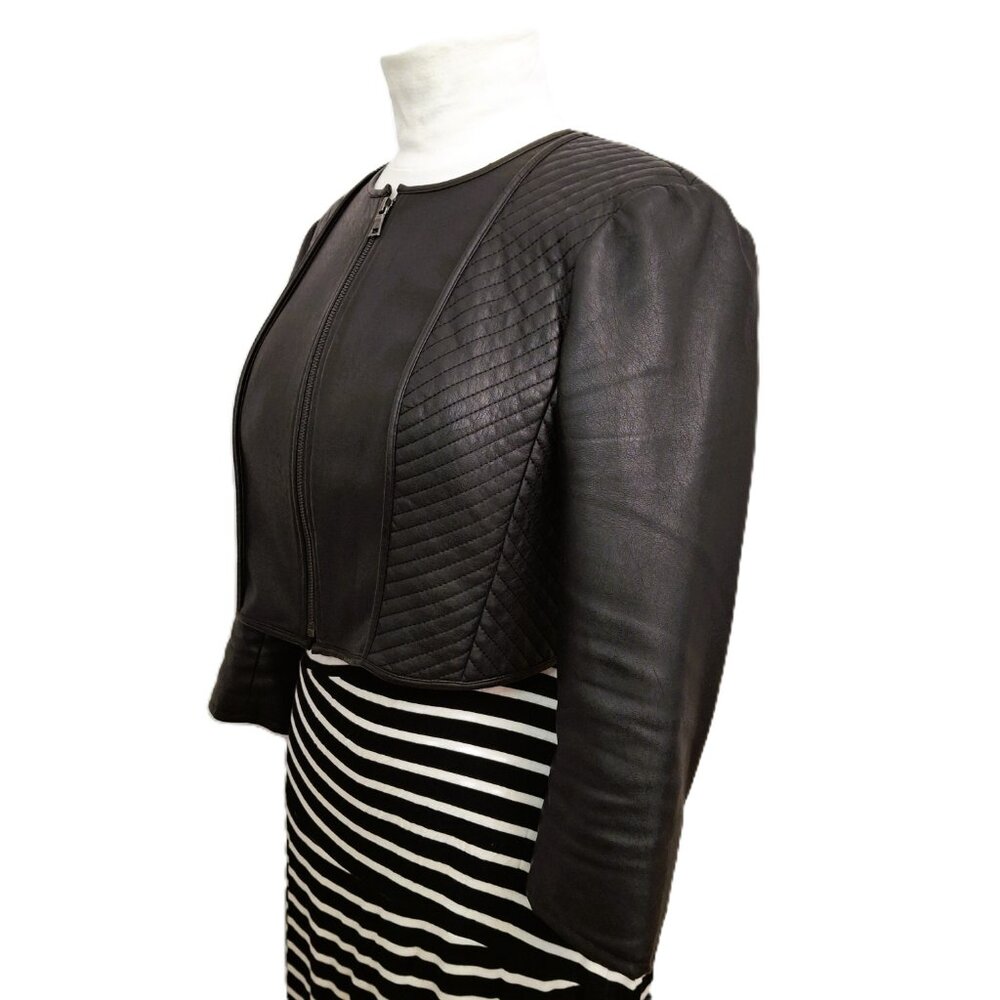 BCBGMAXAZRIA Vegan Leather Crop Jacket Sz Lg Black Lined Quilted Zip - Picture 5 of 15
